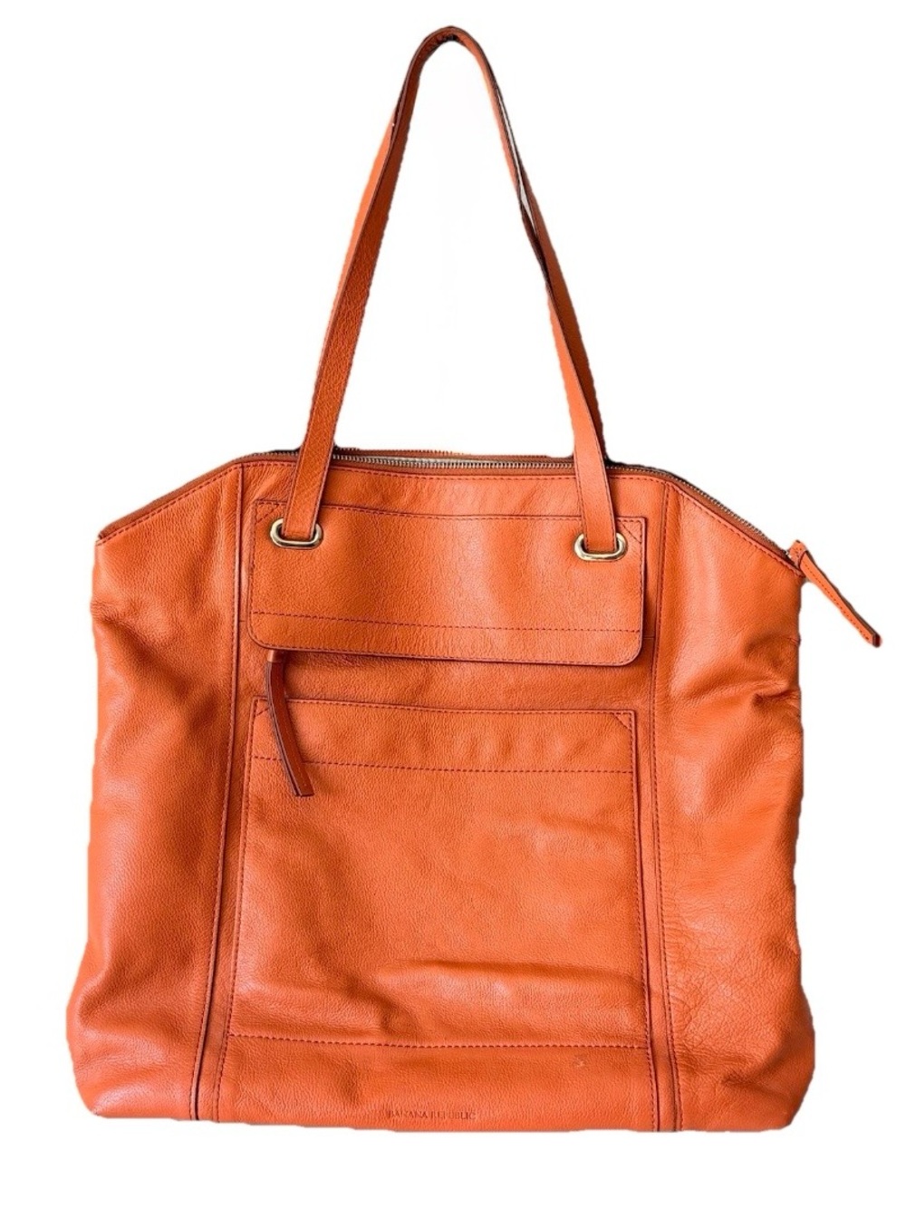 Banana Republic Orange Cow Leather Tote Zip Shoulder Bag 17”x15”
